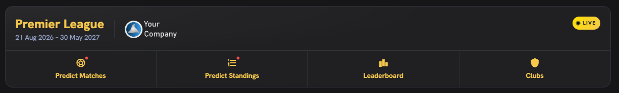 The same competition's card in the tournaments list, with “Your Company” beside its name