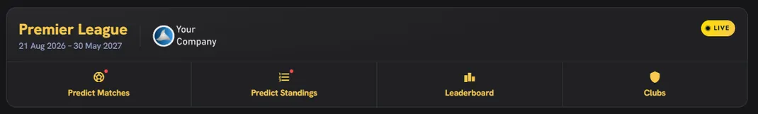 The same competition's card in the tournaments list, with “Your Company” beside its name