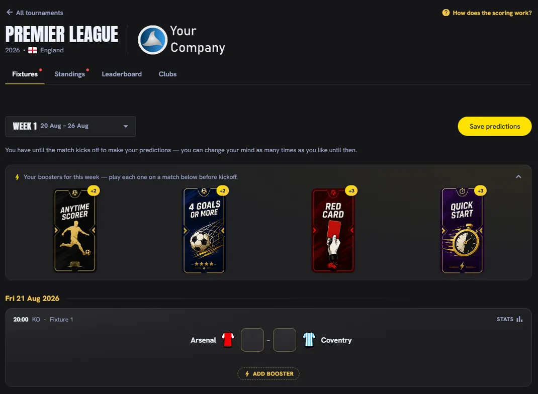 A tournament's page, with “Your Company” beside the Premier League title above the tabs