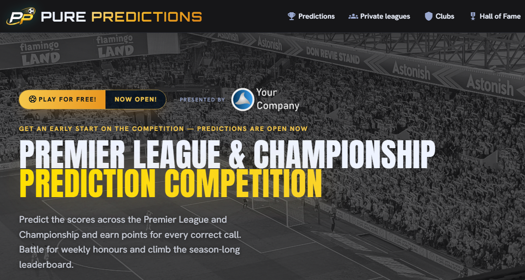 The home page hero, with “Presented by Your Company” beside the “Play for free” badge