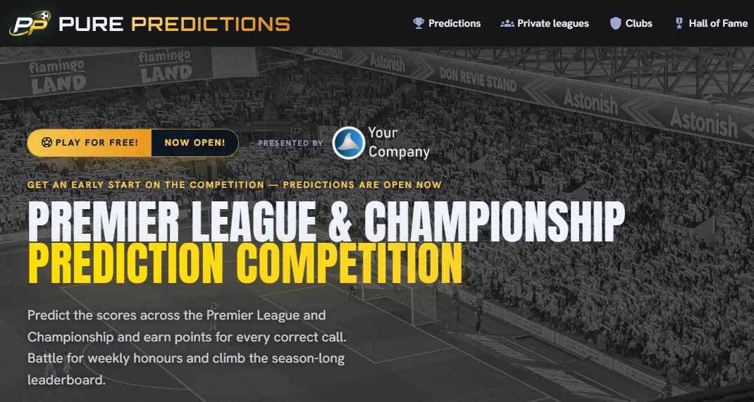 The home page hero, with “Presented by Your Company” beside the “Play for free” badge