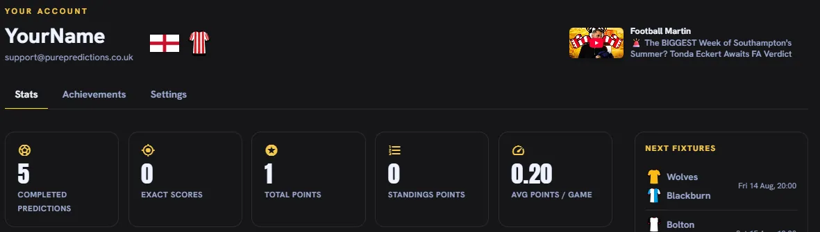 A player's stats page showing a linked channel's latest video beside the account header