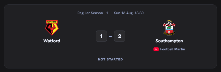 A match card for Watford v Southampton with a Football Martin channel link under the away team
