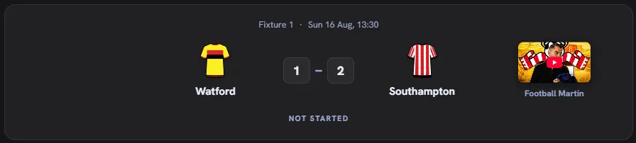 A match card for Watford v Southampton with a Football Martin channel link under the away team